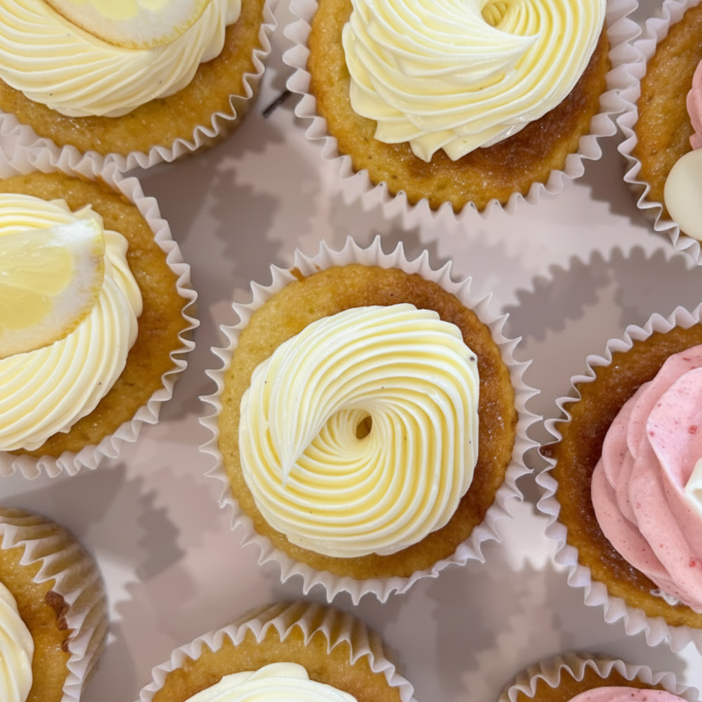 A box of custom corporate cupcakes featuring edible company logo toppers delivered in central London