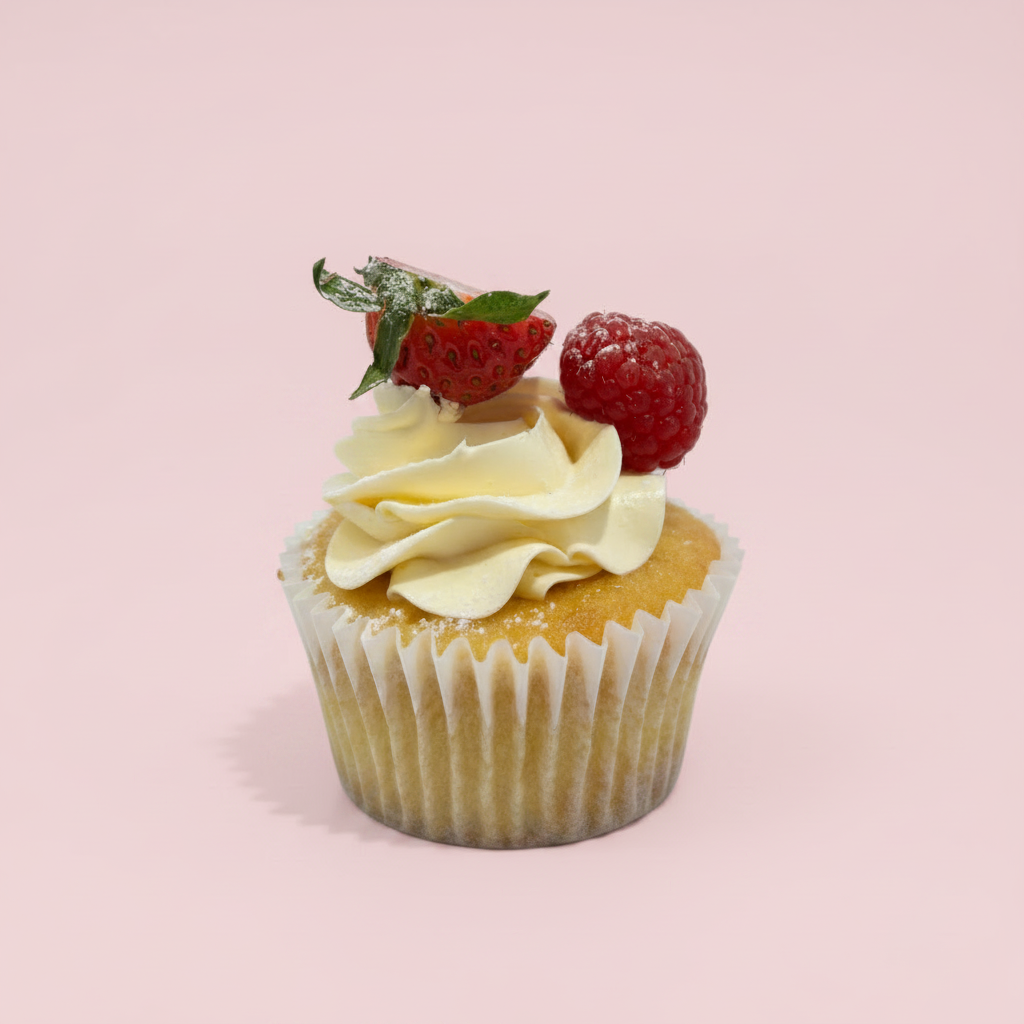 Cupcakes with white frosting, strawberries, and raspberries for events in Knightsbridge
