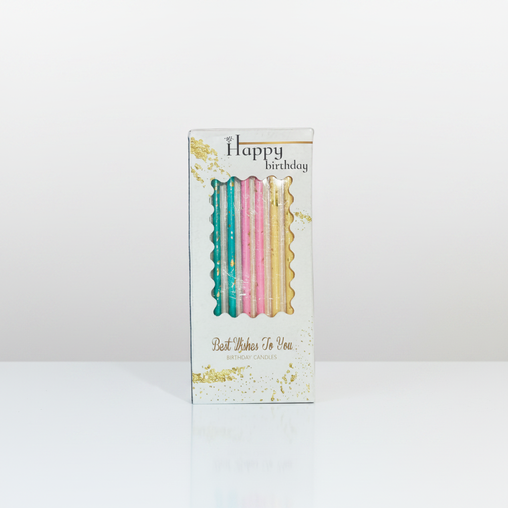 Box of birthday candles with colourful designs in Sevenoaks