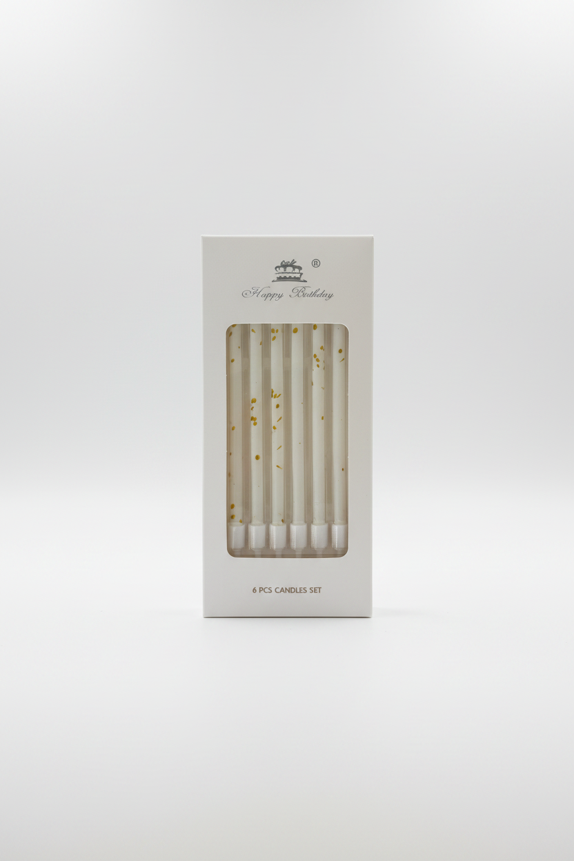 Set of six candles in a 'Happy Birthday' branded box in white and gold splashes at our store online