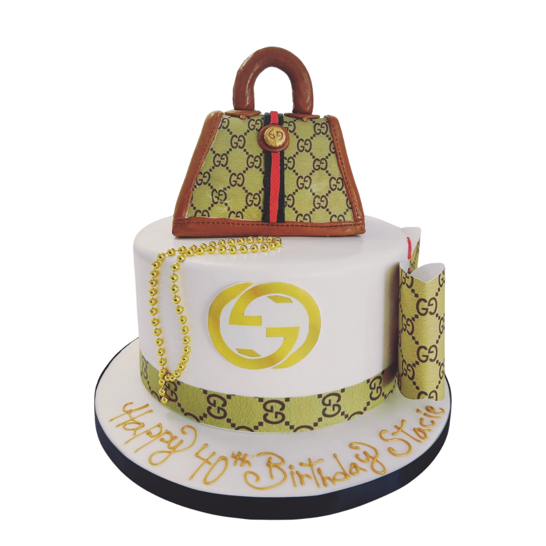 Cake designed like a Gucci handbag with a visible logo for a 40h birthday.